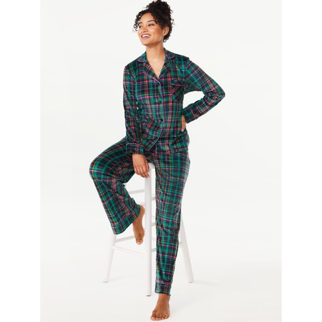 Joyspun Women’s Stretch Velour Notch Collar Top with Pants, 2-Piece Pajama Set, Sizes S to 3X | Walmart (US)