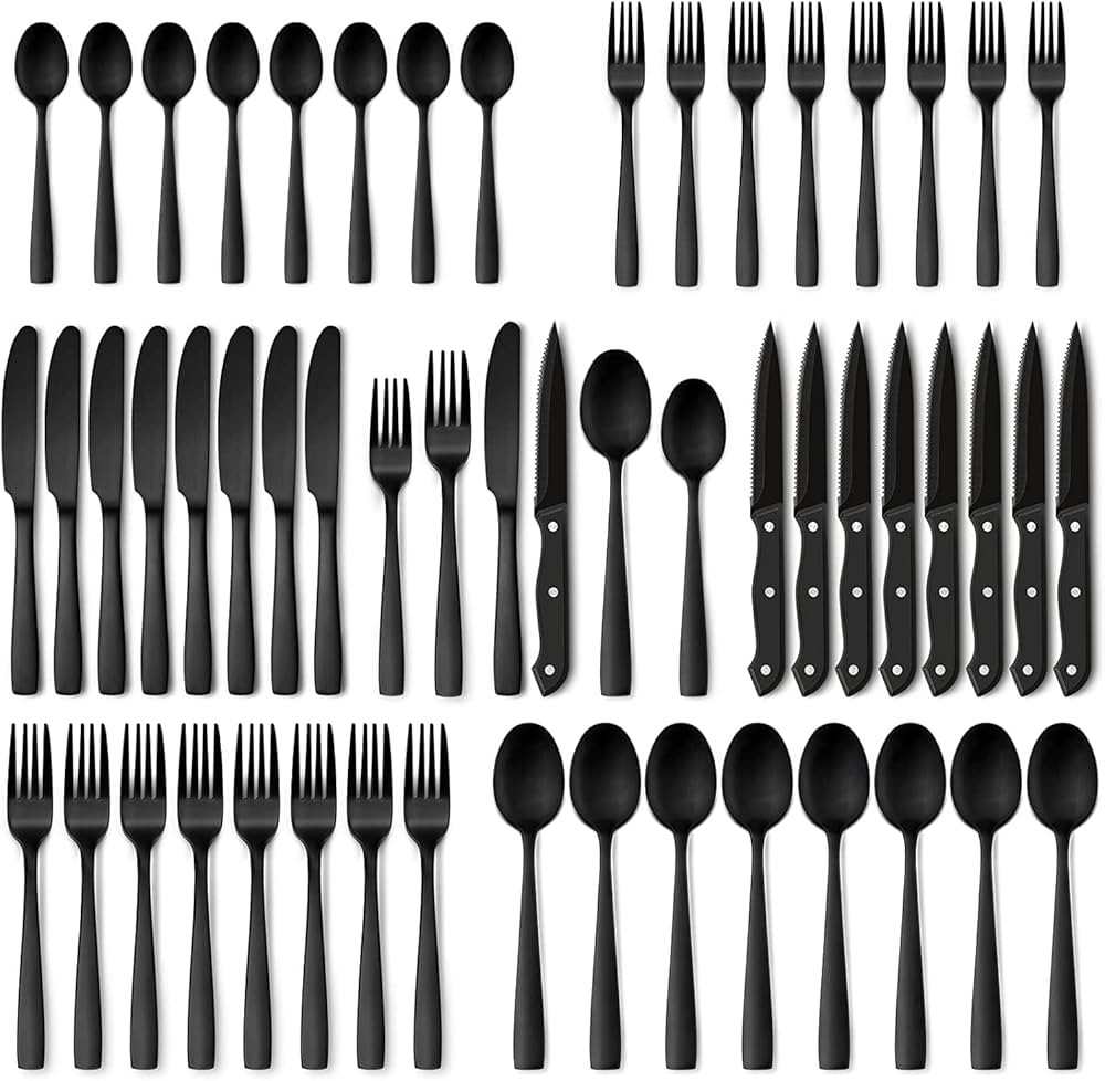 Hiware 48-Piece Matte Black Silverware Set with Steak Knives, Black Flatware Set for 8, Stainless... | Amazon (US)