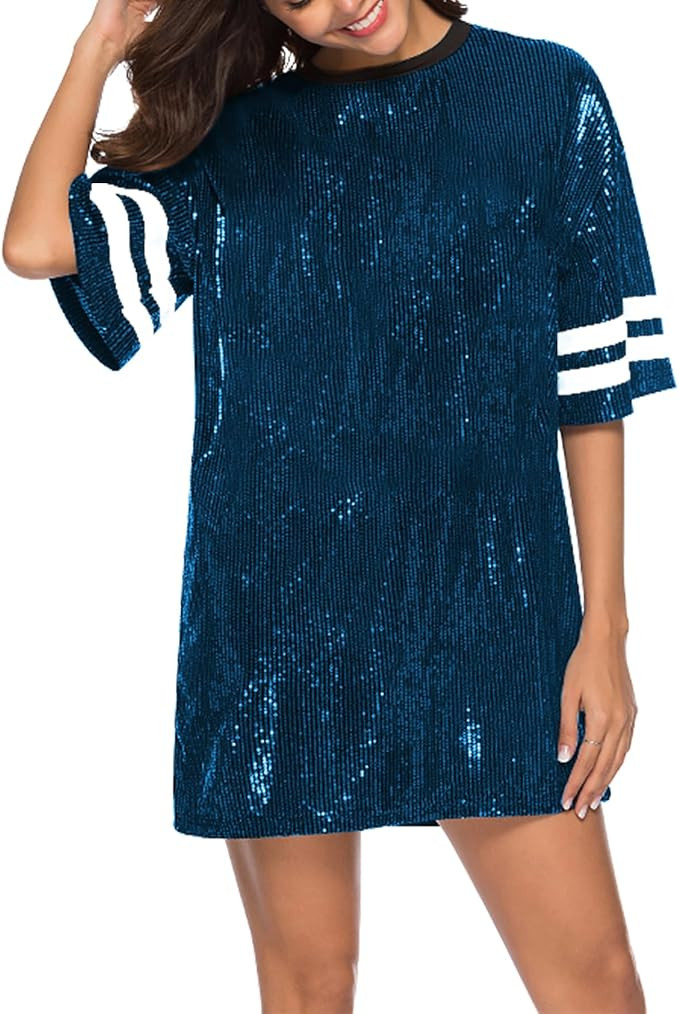Women's Sparkly Sequin Short Sleeve T-Shirt Dress Casual Loose Cute Tunic Blouse | Amazon (US)