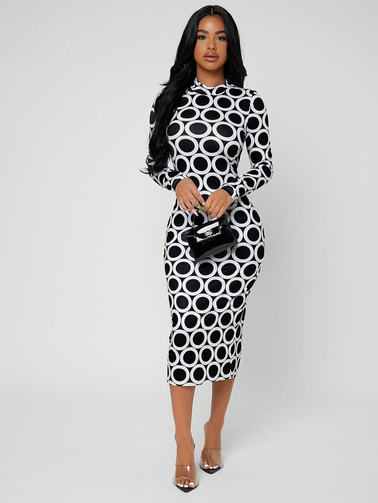 SHEIN SXY Mock Neck Slit Back Polka Dot Dress | SHEIN