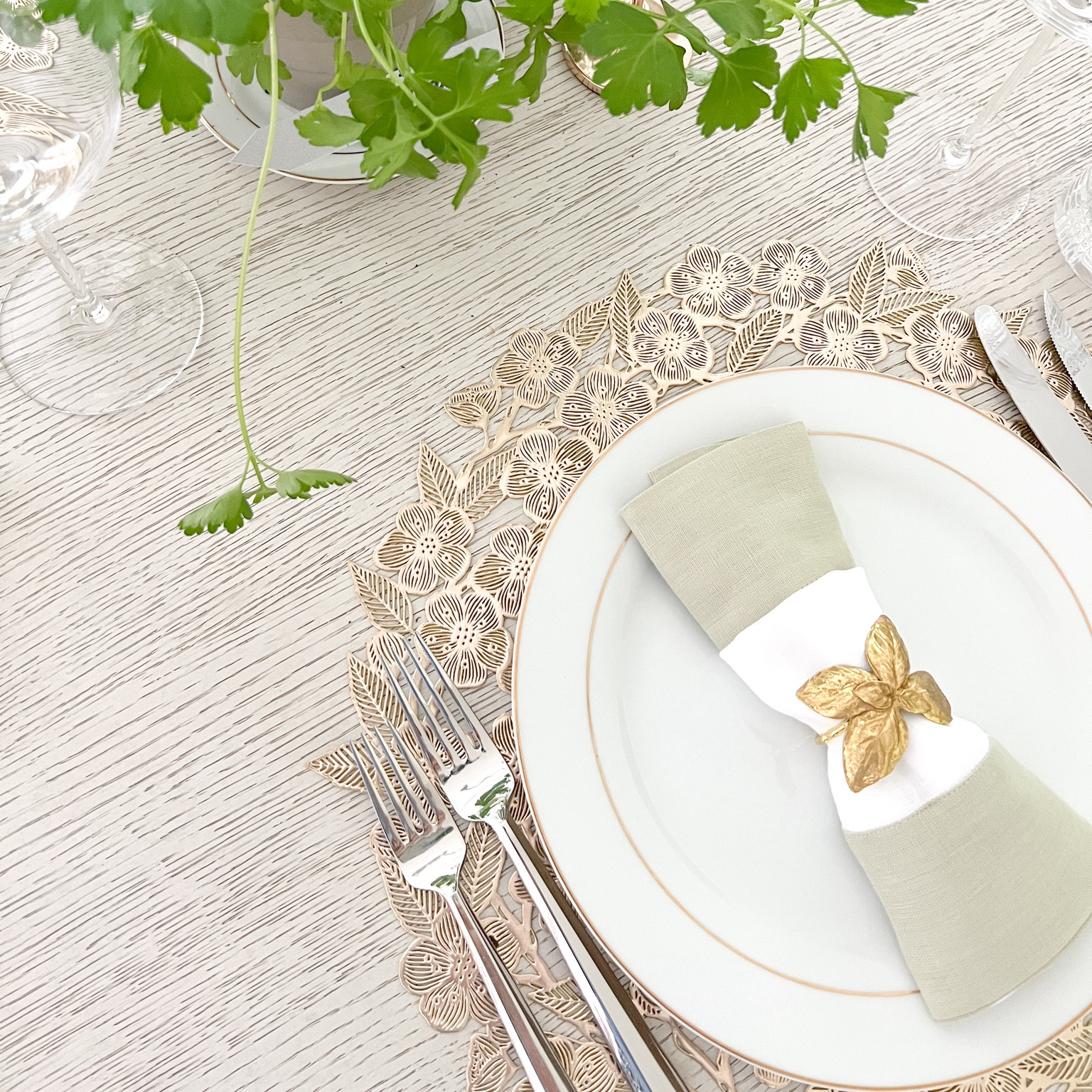 End of summer herb garden dinner party with white and sage green dinner napkins & gold Anthropologie inspired herb dinner napkins.   

#LTKParties #LTKHome #LTKFindsUnder50