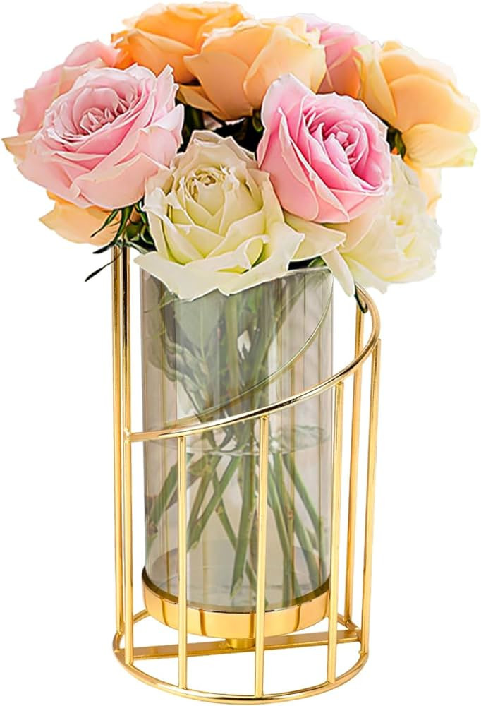 BYBOUS Glass Flower Vase with Metal Frame Modern Creative Geometric Gold Vase Decorative Vase Wed... | Amazon (US)
