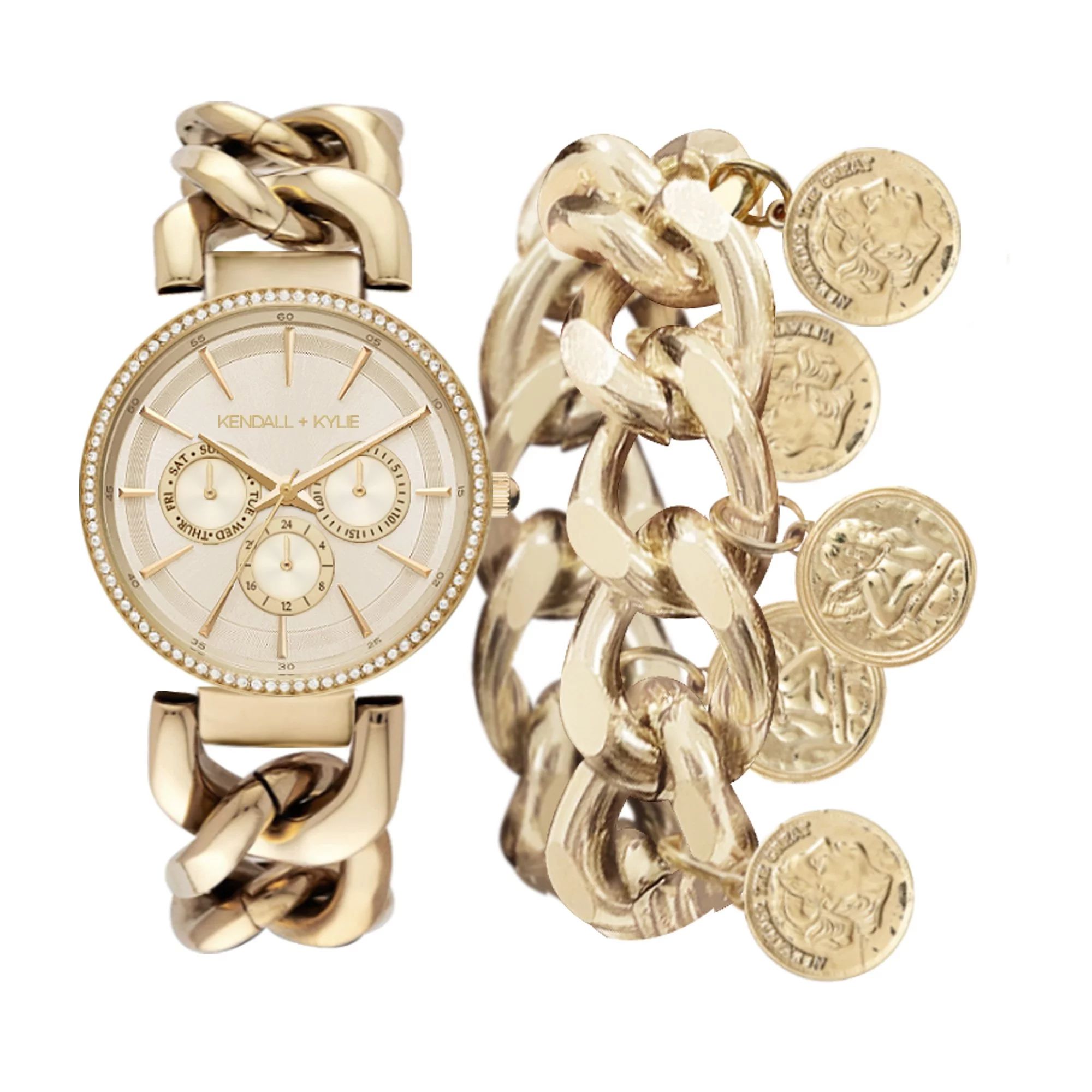 Kendall + Kylie Watch: Gold Toned Metal Chain Strap Chronograph and Coin Bracelet Set | Walmart (US)