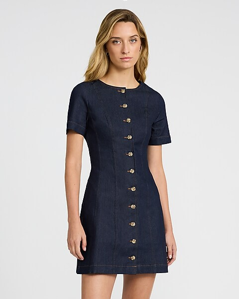Denim Crew Neck Short Sleeve Button Front Mini Dress | Express