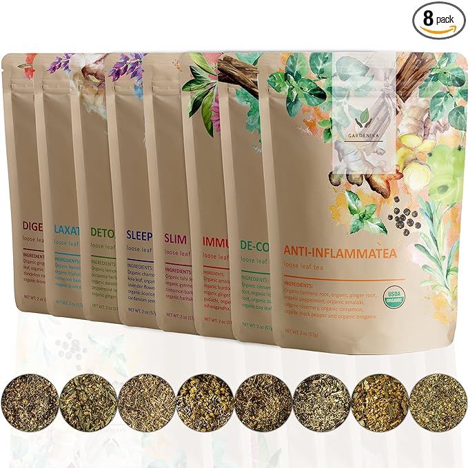 Gardenika Organic Loose Leaf Tea Sampler – 8 Pack, 1 LB – Herbal and Naturally Caffeine-Free ... | Amazon (US)