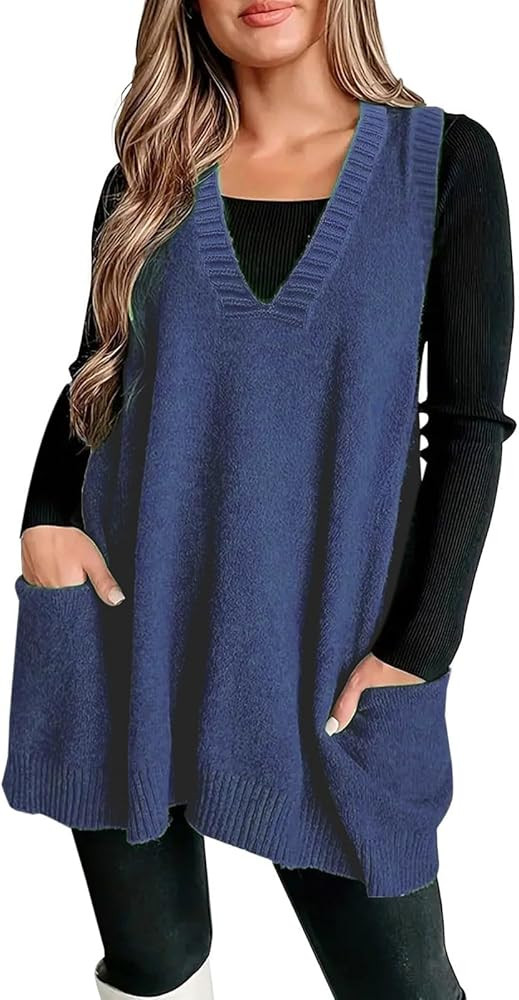 Smoneyful Womens Plus Size Sleeveless V Neck Knit Sweater Vest Loose Fit A Line Flattering Tunic ... | Amazon (US)