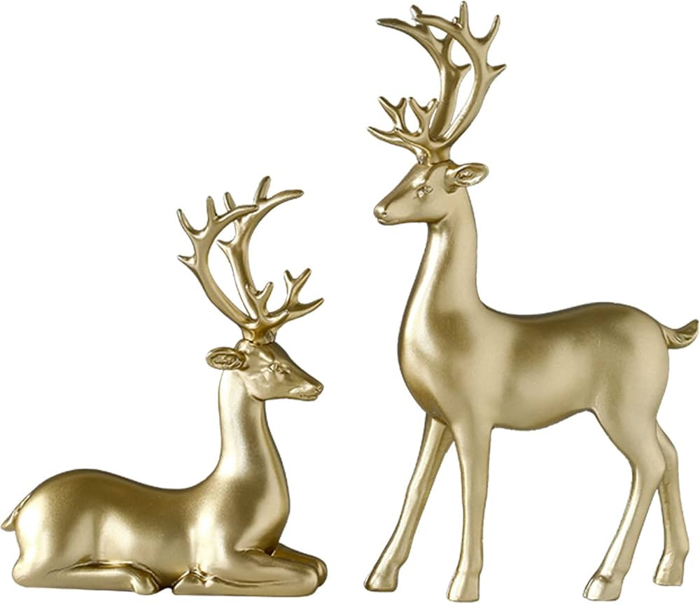BULINGNA 2Pcs Christmas Reindeer Figurines, Resin Elk Sculpture Miniature Figurine Xmas Deer Stat... | Amazon (US)