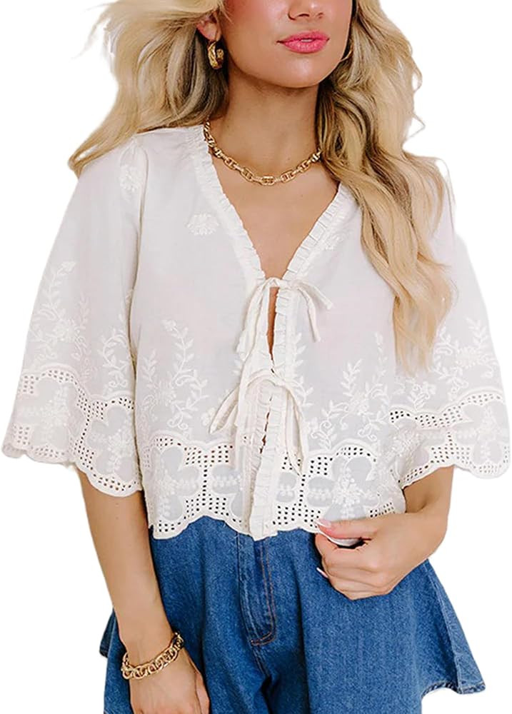 Women Tie Up Front Top Hollowed Flower Embroidered Long Bell Sleeve V Neck Sheer Tops Fall Street... | Amazon (US)