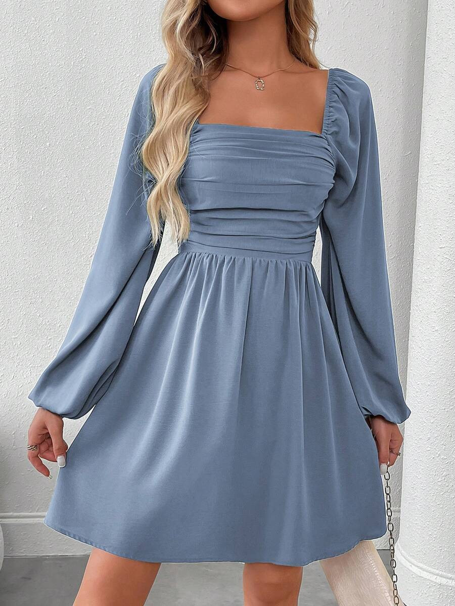 Women's Solid Color Ruffle Square Neck Lantern Sleeve Dress | SHEIN