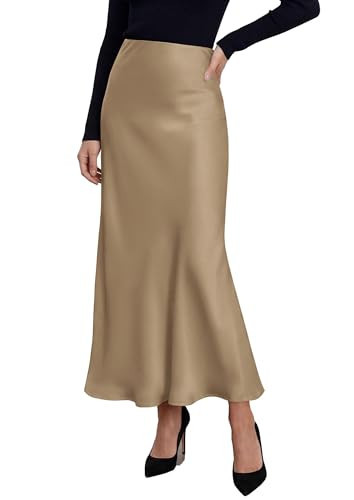 PRETTYGARDEN Women's Silk Satin Maxi Skirts Fall Clothes (Khaki,M) | Amazon (US)
