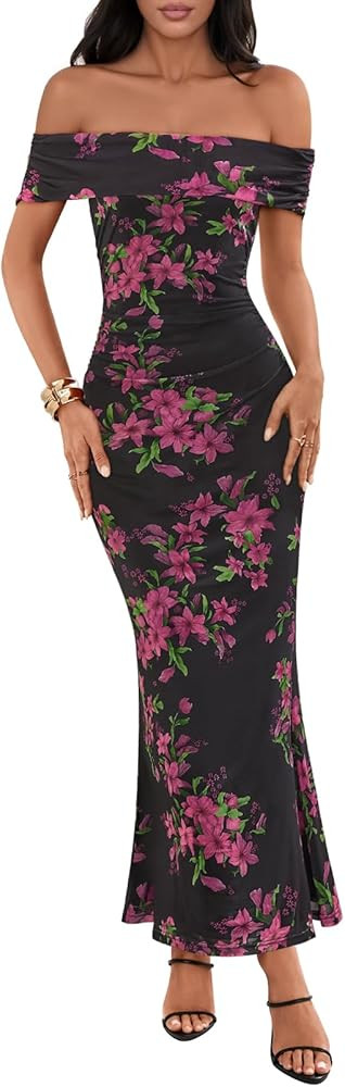 MEROKEETY Women's Summer Off Shoulder Floral Maxi Dress 2025 Formal Wedding Guest Cocktail Bodyco... | Amazon (US)