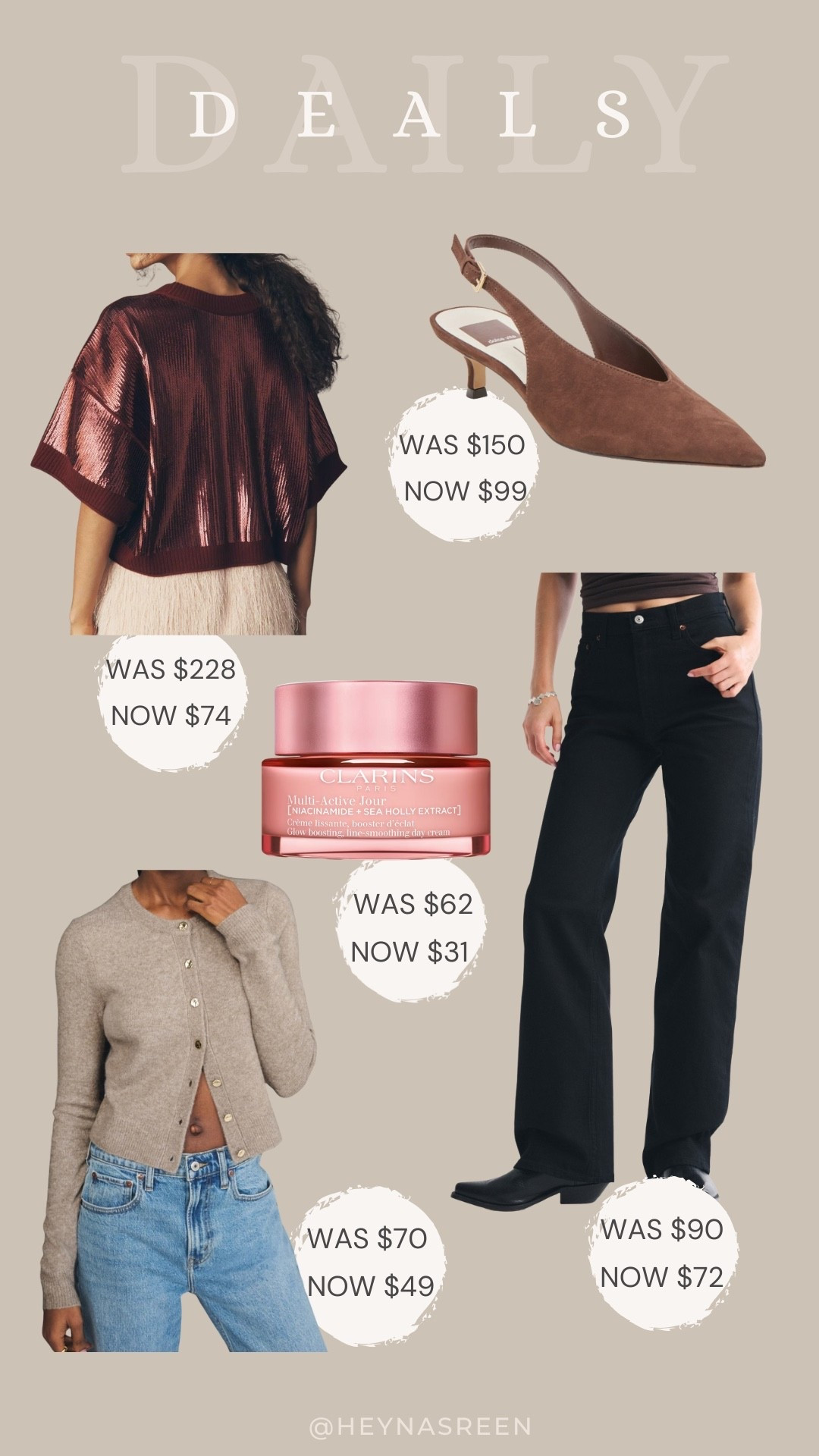 Daily Deals on Dolce Vita pumps, Abercrombie jeans, Anthropologie burgundy sequin top, Abercrombie light brown cardigan, and Clarins moisturizer 