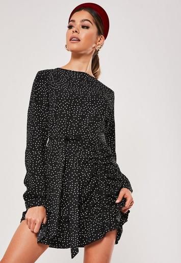 Black Ruched Button Side Polka Dot Tea Dress | Missguided (US & CA)