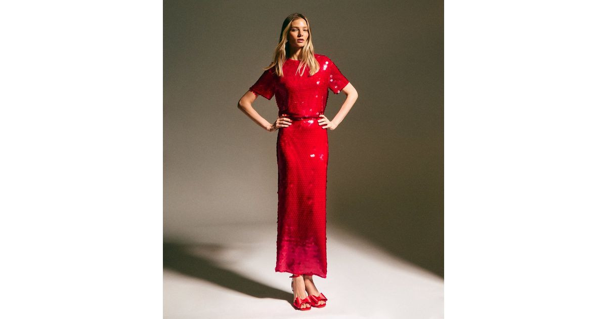 Red Sequin Midi Skirt | New Look | New Look (UK)