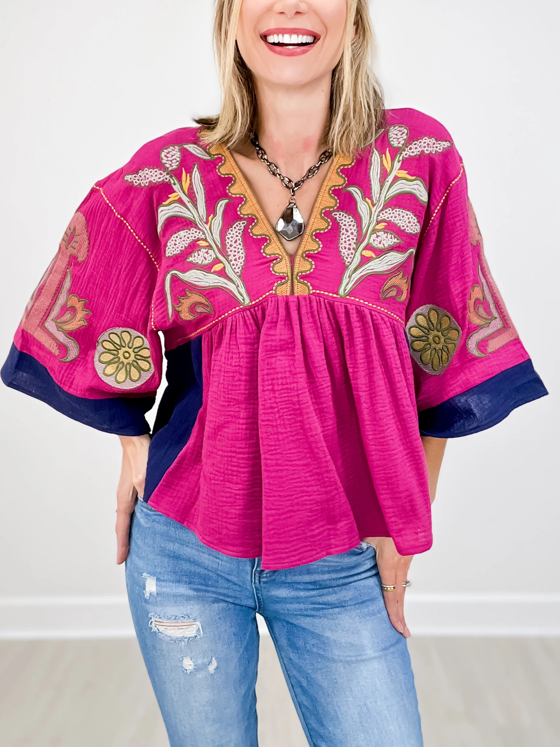 Vintage Embroidery Patch V-Neck Gauze Top | Emma Lou's Boutique