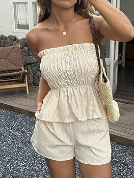 Amazon.com: Women 2 Piece Outfits Ruffle Stripe Shorts Set 2025 Summer Off Shoulder Smocked Crop ... | Amazon (US)