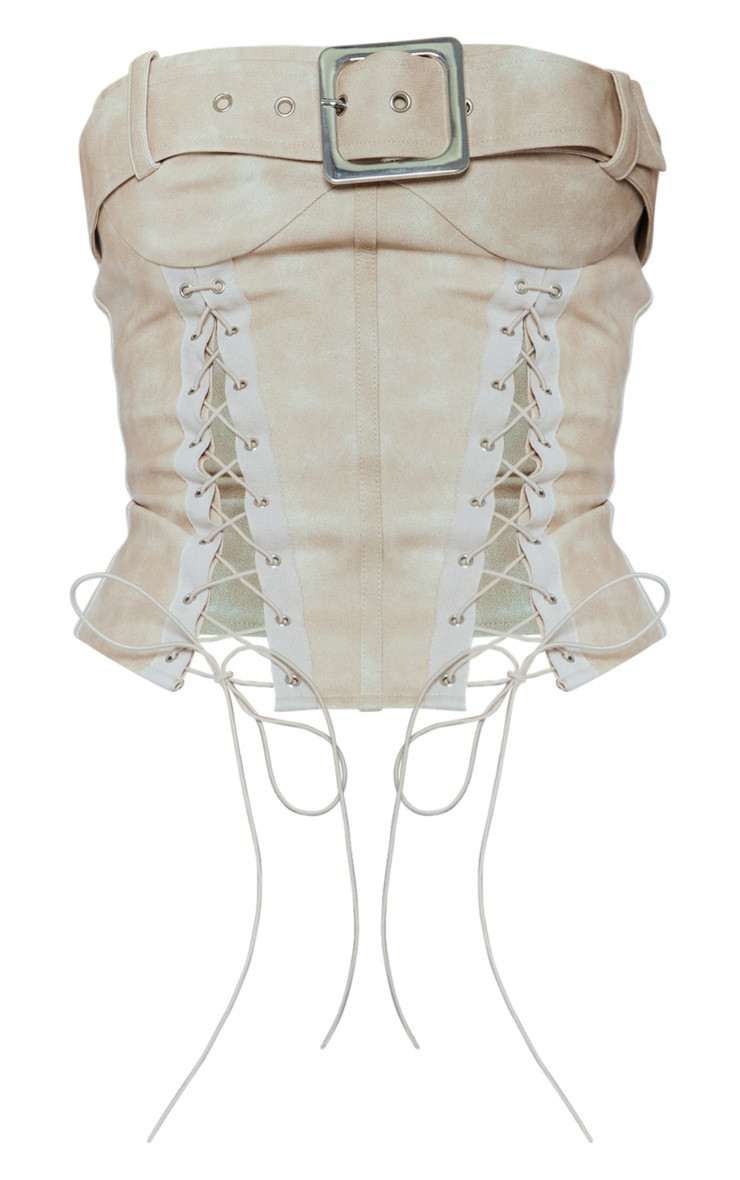 Cream Faux Leather Lace Up Buckle Detail Bandeau Long Top | PrettyLittleThing UK