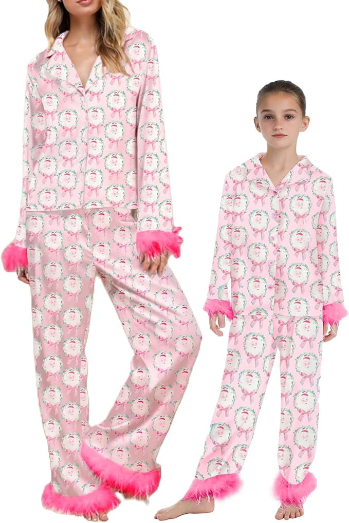 Faretumiya Mommy and Me Christmas Pajama Set Feather Trim 2 Piece Satin Pjs Sleepwear Women Girl ... | Amazon (US)