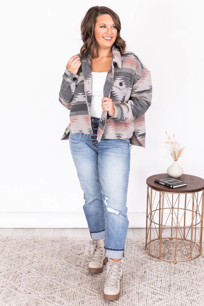 Only Beliefs Pink/Grey Southwestern Print Woven Jacket | The Pink Lily Boutique