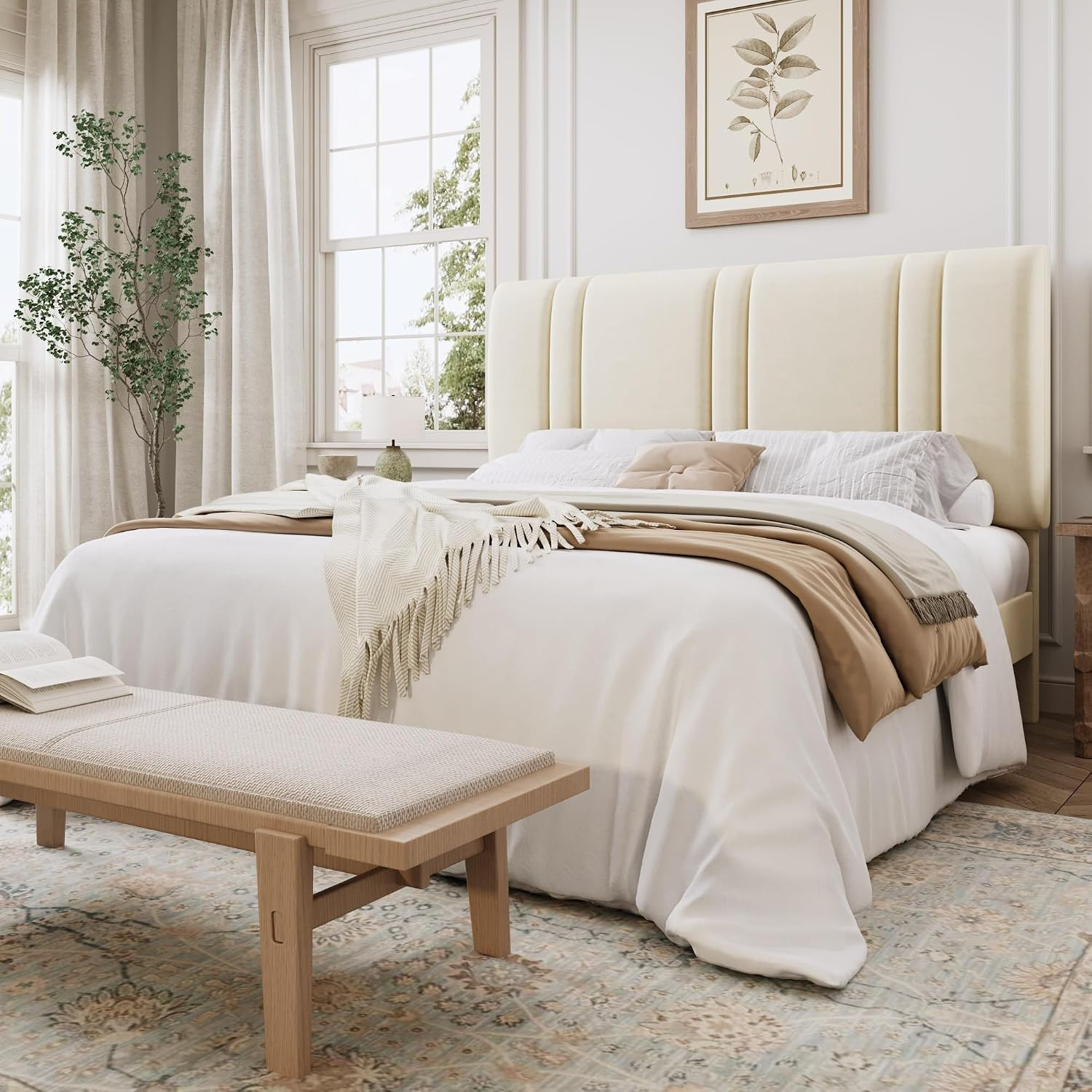 SHA CERLIN Full Size Velvet Bed Frame with Adjustable Headboard, Cream | Amazon (US)