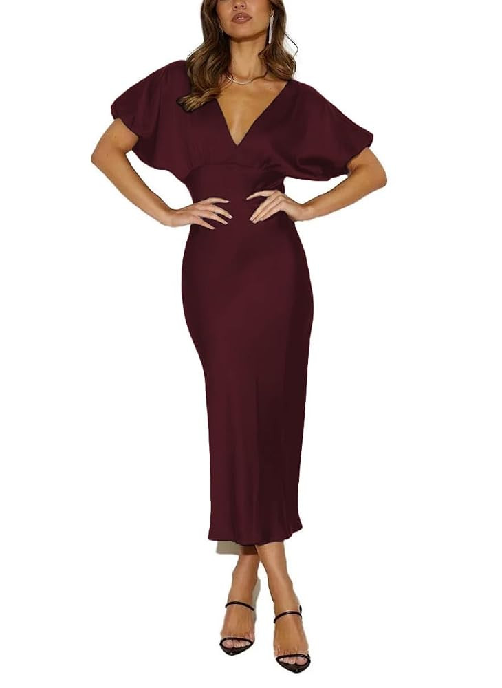Summer Satin V Neck Puffy Sleeves High Waist Midi Dresses Silk Sexy Tie Back Formal Cocktail Dres... | Amazon (US)