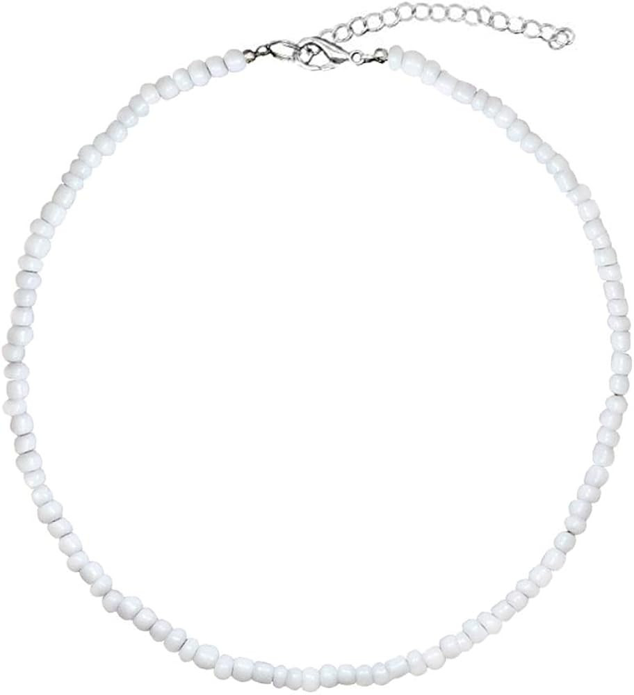 Puka Shell Necklace Hawaiian White Turquoise Bead Choker Beach Necklace for Women (White Bead) | Amazon (US)