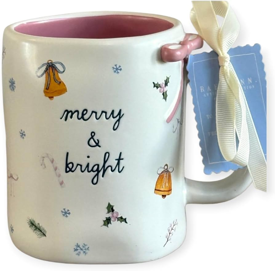Rae Dunn christmas ceramic coffee mug. Merry and bright with Bow detail | Amazon (CA)