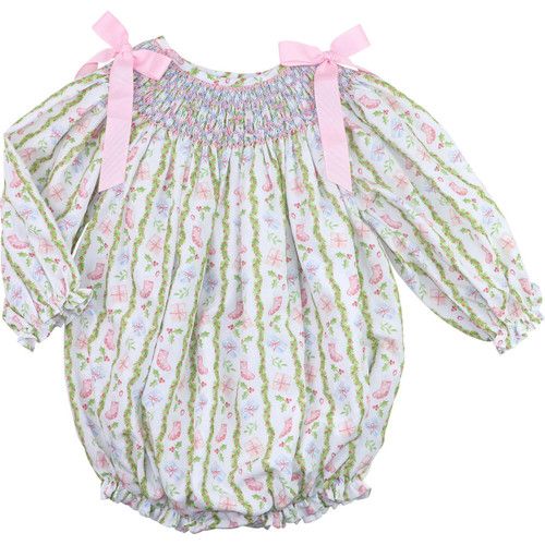 Pink And Blue Smocked Christmas Print Bow Bubble | Cecil and Lou