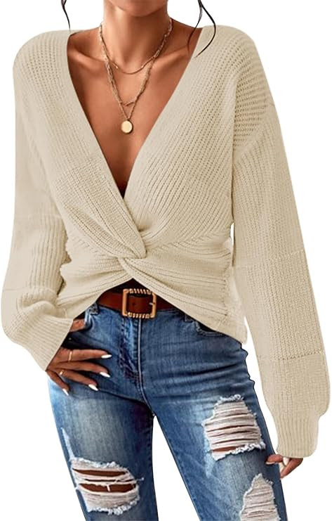 Pink Queen Women's 2025 Casual Pullover Sweaters Sexy V Neck Long Sleeve Twist Knot Cropped Knit ... | Amazon (US)