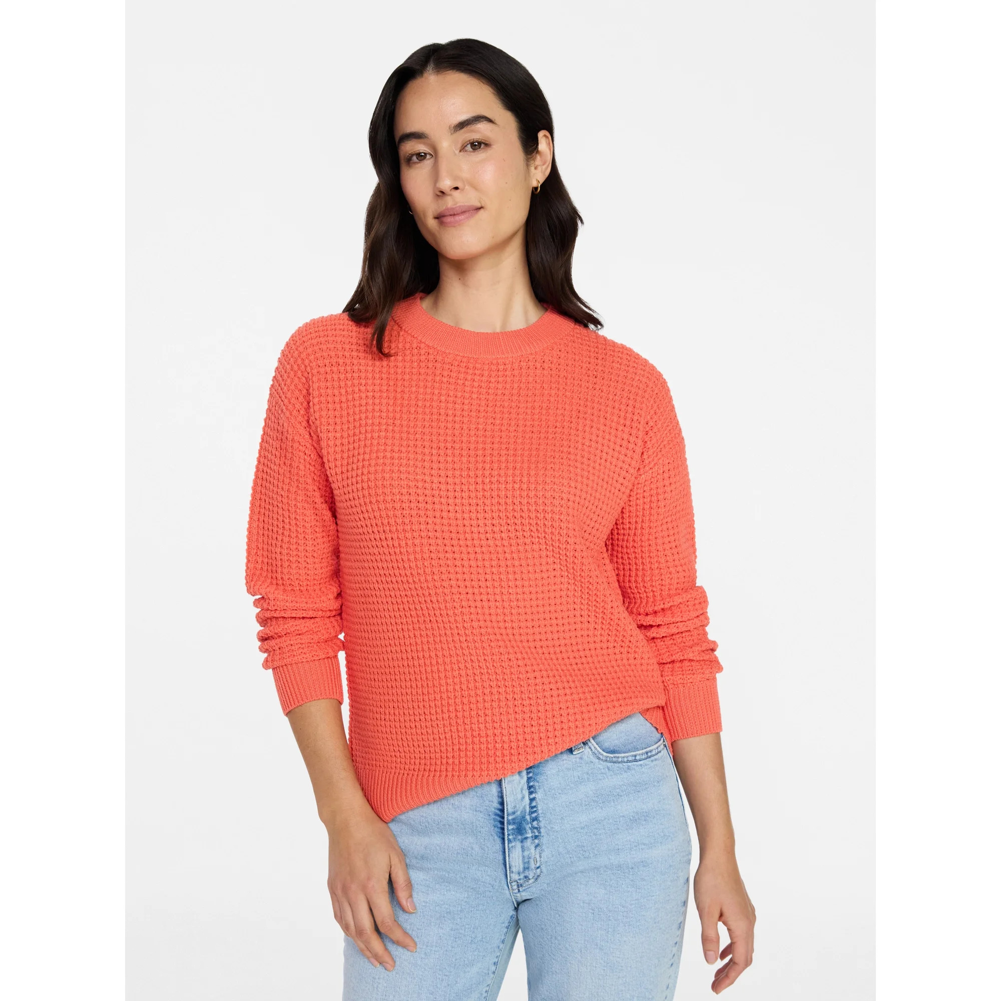Time and Tru Women's Waffle Stitch Sweater with Long Sleeves, Sizes XS-XXXL | Walmart (US)