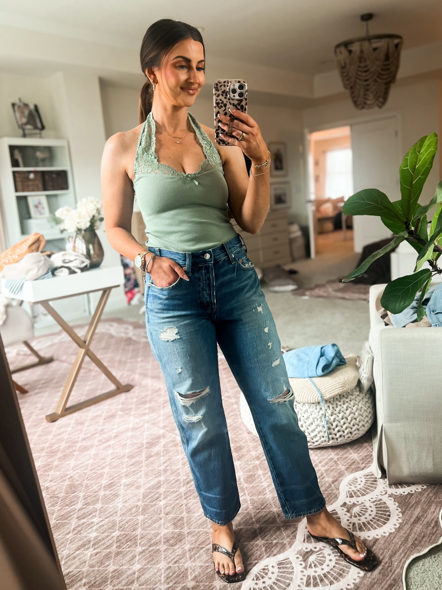 Sage green lace halter top-small
Cropped distressed jeans- size 2
