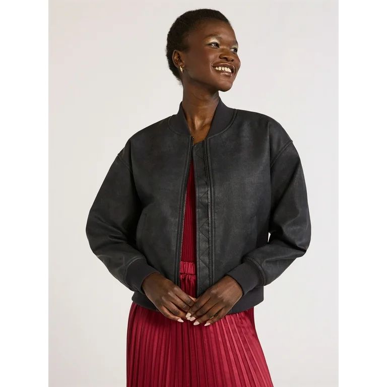 Scoop Women’s Distressed Faux Leather Cropped Bomber Jacket, Sizes XS-XXL - Walmart.com | Walmart (US)