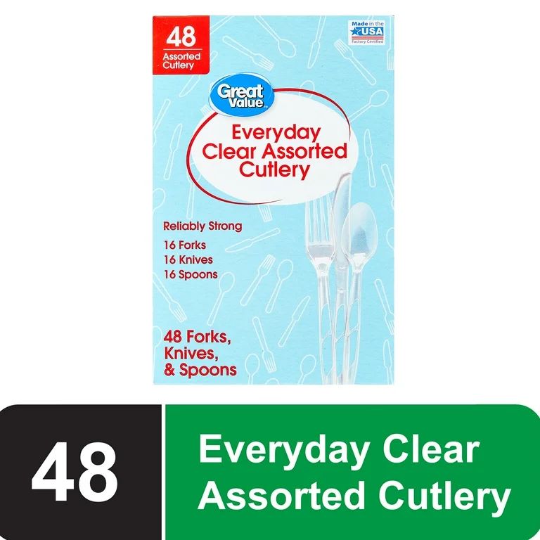 Great Value Premium Clear Disposable Plastic Assorted Cutlery, Clear, 48 Count | Walmart (US)