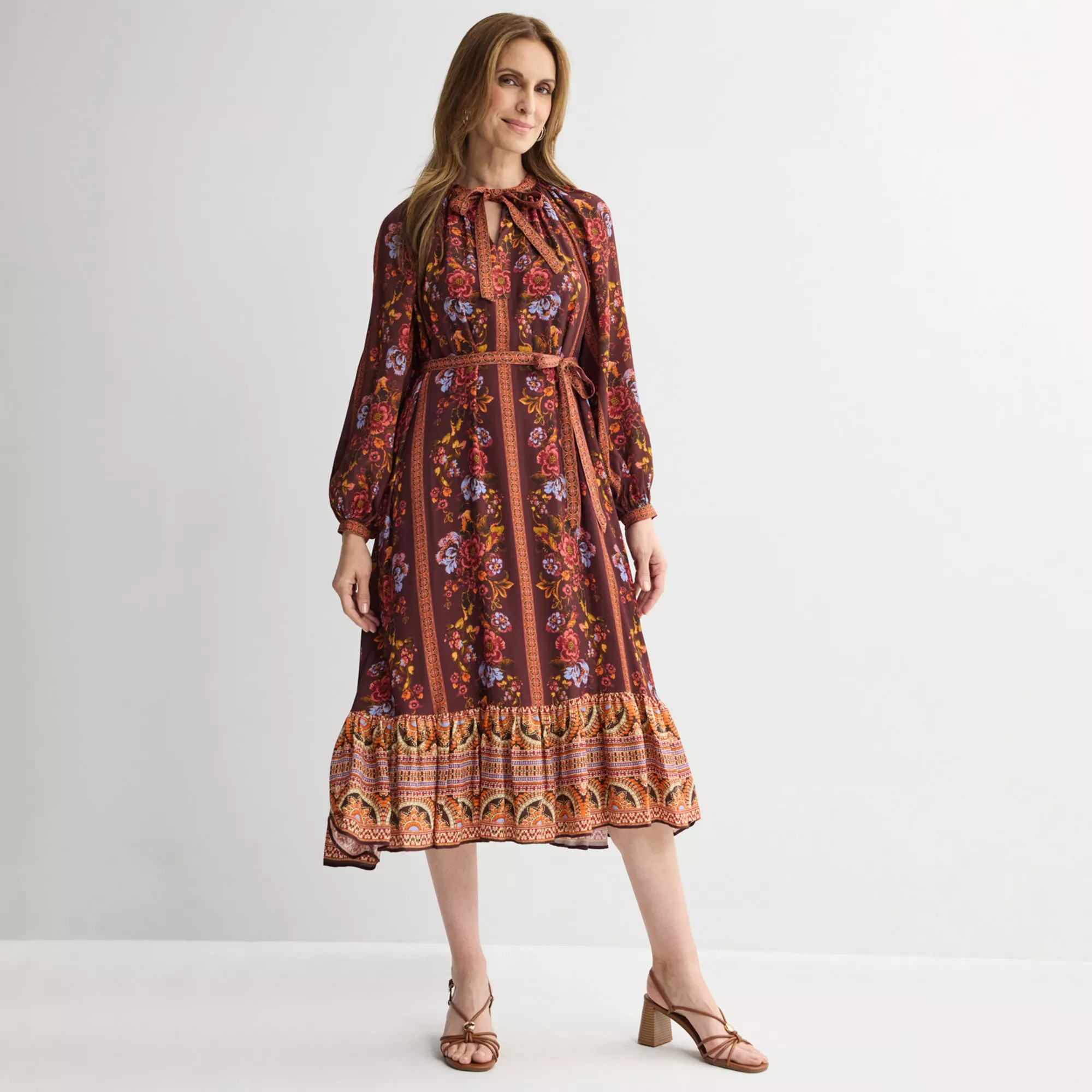 Women's Tracy Evans Tie Neck Midi Dress With Waist Tie, Size: Medium, New Bloom | Kohl's