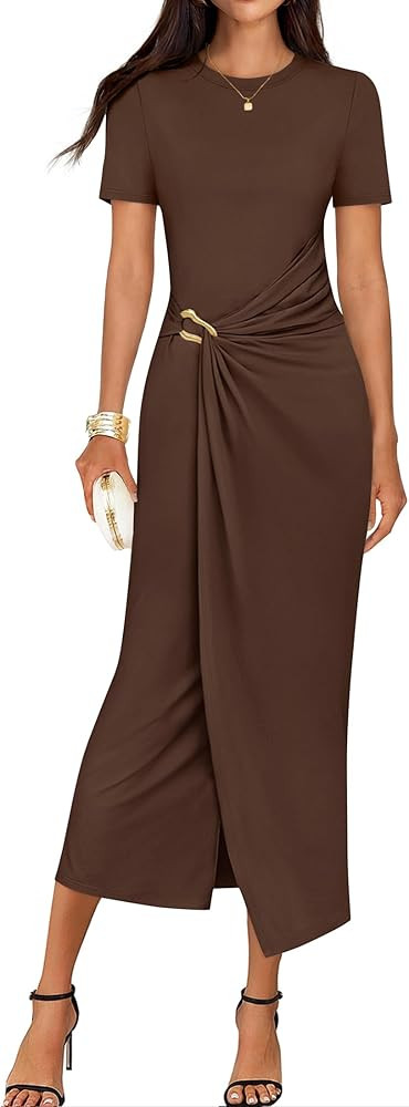 ZESICA Women's 2026 Summer Short Sleeve Bodycon Midi Dress Crewneck Ruched Split Wedding Guest Co... | Amazon (US)