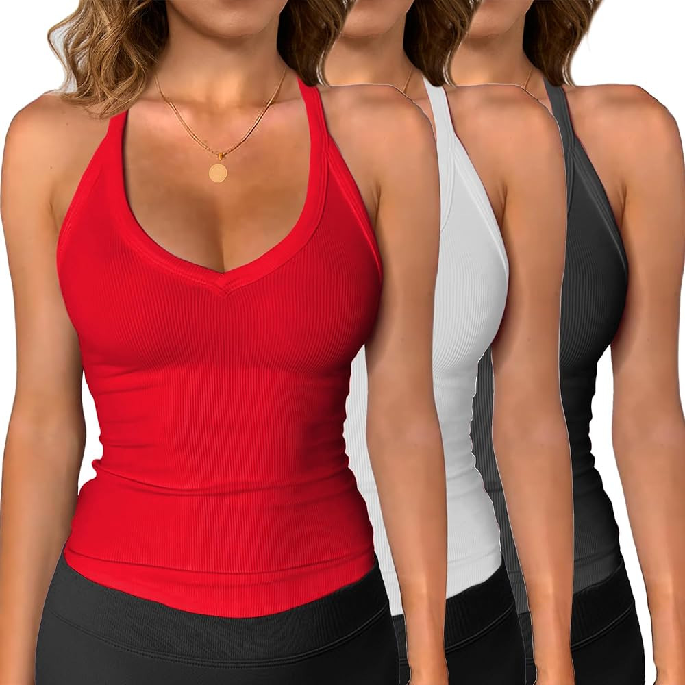 iGENJUN 3 Pack Workout Tops for Women Racerback Basic Tank Summer 2025 Camisole V Neck Slim Fit R... | Amazon (US)