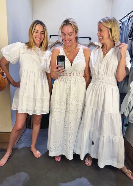Anthro try on: white eyelet dress moment. We all picked a different one! White dresses are always a good idea in the summer. Add a Jean jacket and a sneaker for a perfectly chic look. 

Laura (left) is wearing a small. Dress tts. 

Allison (middle) wearing a medium. Dress tts and straps are adjustable. Has a smocked back.

Gretchen (right) is in a small in the Somerset Maxi shirt dress. Tts also. 

#LTKOver40 #LTKSeasonal #LTKParties