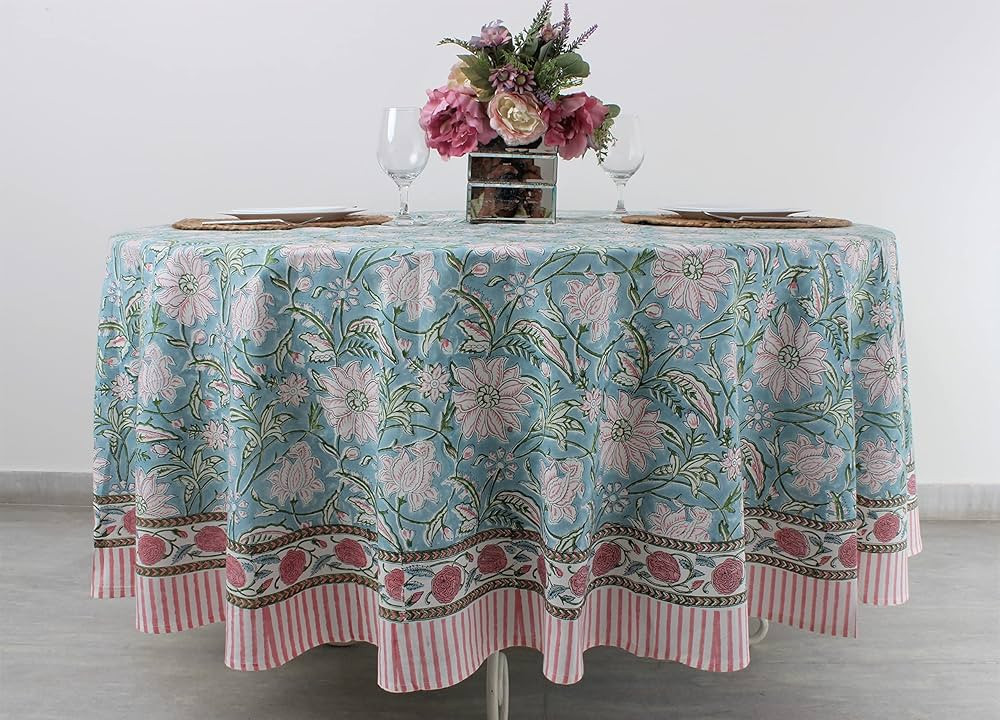 Ridhi Turquoise Blue 100% Cotton Spring Summer Round Tablecloth, Block Print Table Cloth for Dini... | Amazon (US)