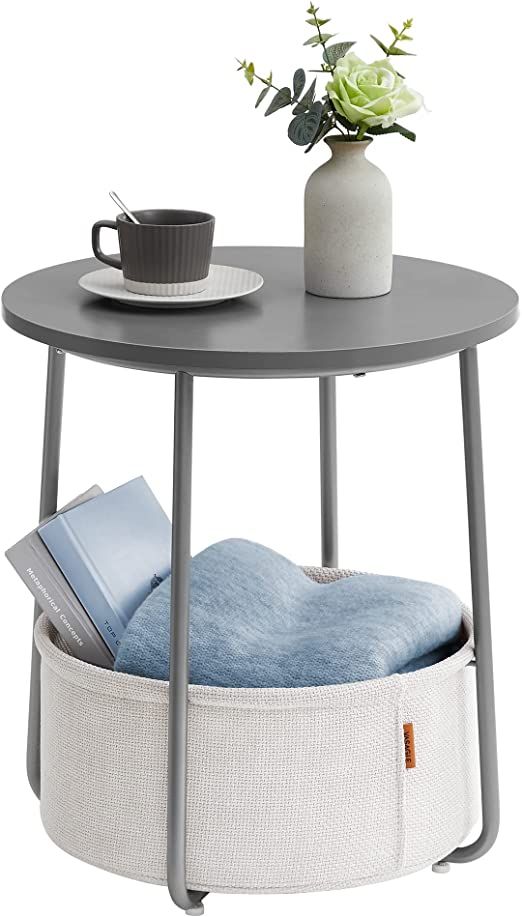 VASAGLE Small Round Side End Table, Modern Nightstand with Fabric Basket, Gray | Amazon (US)