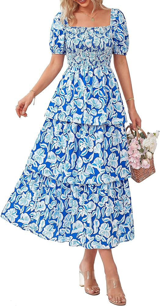 BTFBM Womens Square Neck Smocked Dress Summer Puff Short Sleeve Floral Casual Ruffle Tiered Maxi ... | Amazon (US)
