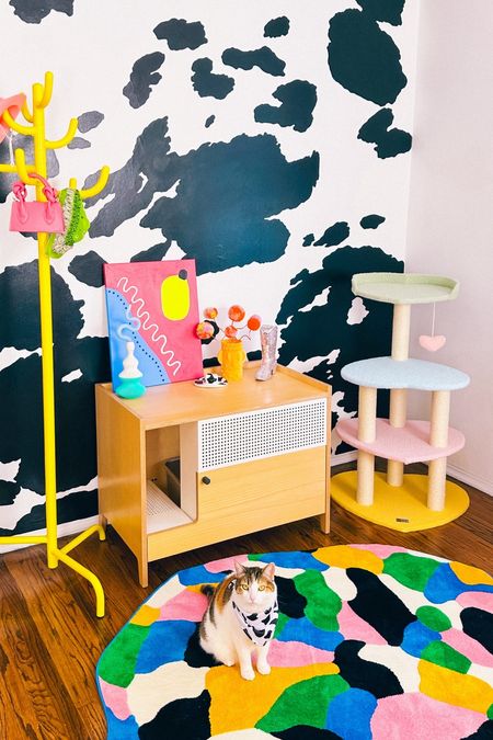 Pony cat corner! Linking some of her fav cat products here for you! 

cat cats maximalist maximalism dopamine dressing mural artwork art home decor pet toys cat tree scratcher 
