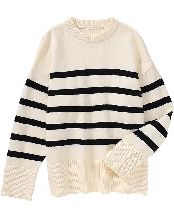 BOUTIKOME Women's Sweater Black Striped Sweaters Side Slit Knit Long Sleeves Crew Neck Pullover L... | Amazon (US)