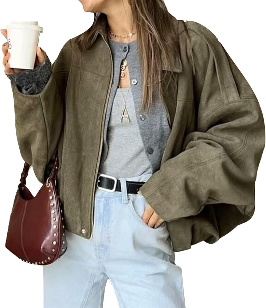 HOTIAN Women's Faux Suede Bomber Jacket Zipper Pilot Coat Casual Lapel Oversized Long Sleeves Y2K... | Amazon (US)