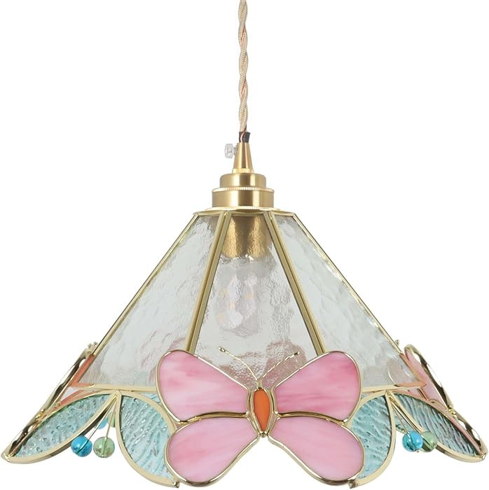 Bieye L10982 Pink Butterfly Tiffany Style Stained Glass Pendant Light | Amazon (US)