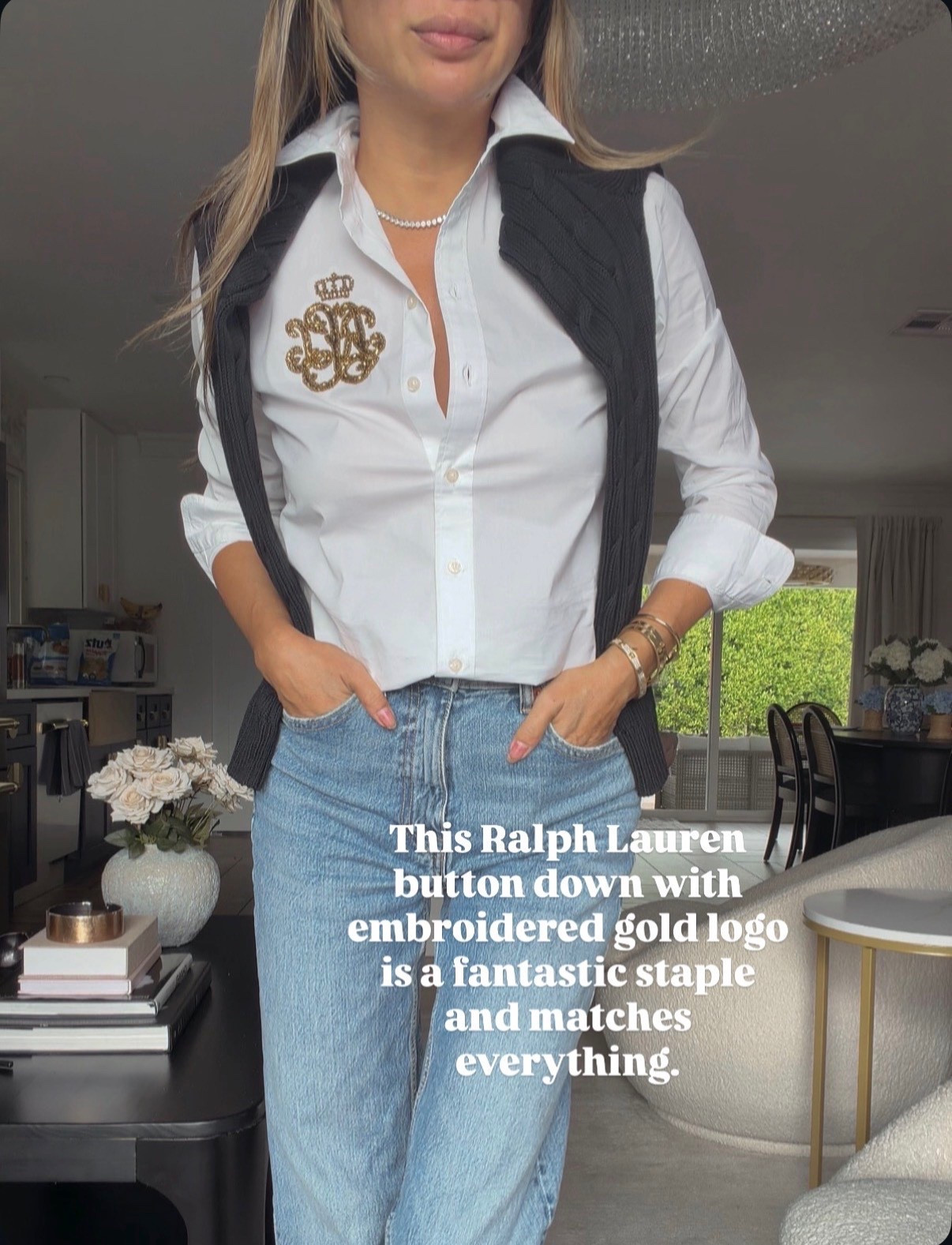 Ralph Lauren white button down. Gold embroidery. Best Zara jeans. Polo hat and crewnecncrew neck sweater. Size small and jeans a 4 

#LTKFindsUnder100 #LTKHoliday