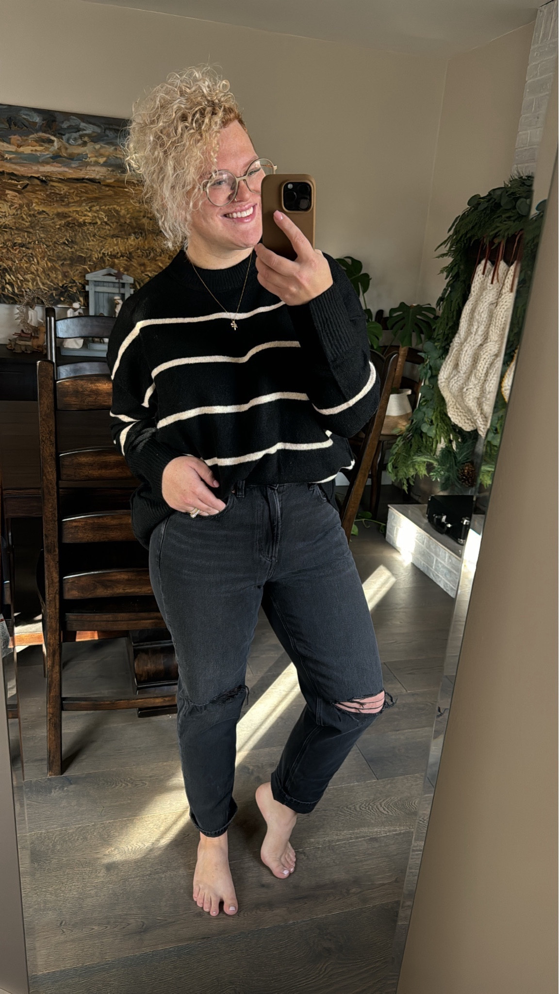 
If you’re going for a monochromatic look this is the outfit for you! 

The most loved AE Strigid Mom Jean but in black distressed 😍. LOVING how these fit! Very littles stretch in these ones but they give you so much structure and support in the midsection! I’m 5’3, wearing an 8 Short. 

And of course this Aerie super soft sweater! Remember this one is VERY OVERSIZED. I’m wearing a small, but if you’re going for that super oversized look, order your normal size  

#LTKstyletip #LTKmidsize #LTKbeauty