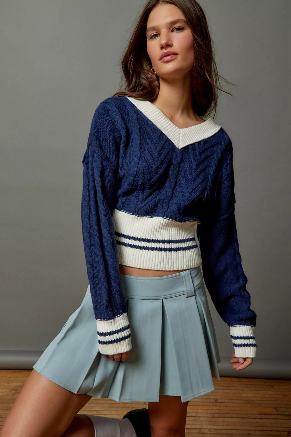 BDG Clarice Cable Knit V-Neck Sweater | Urban Outfitters (US and RoW)