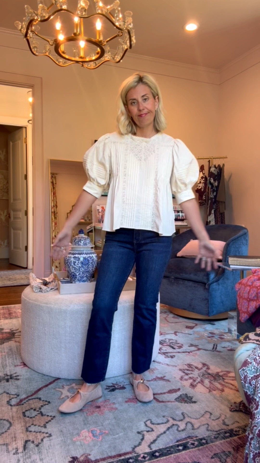 Obsessed with this top… I want this one in more colors! ￼

Top - small
Becca Jeans - 26 
Mary Jane’s - 7.5 (1/2 size down)

*Code mixandmatch15 for 15% off 1st order at Avara