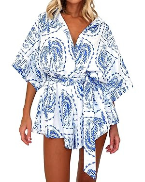 Women Boho Floral Romper Shorts Oversized Button Down Short Sleeve Wide Leg Short Jumpsuit One Pi... | Amazon (US)