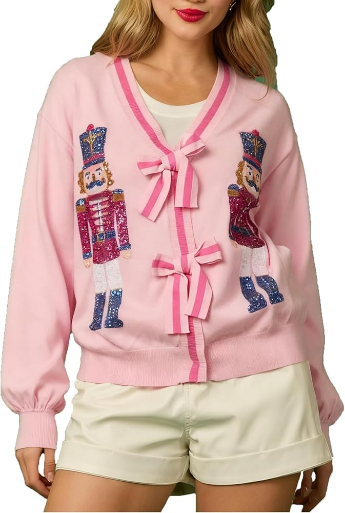 Women's Bow Tie Cardigan Sweaters Sequin Graphic Long Sleeve Open Front Knitted Cardigans Cute Pa... | Amazon (US)